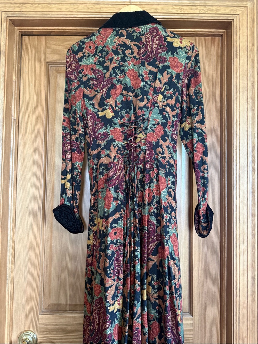 Vintage Coro Paisley Floral Long-Sleeve Maxi Dress in Green and Burgundy